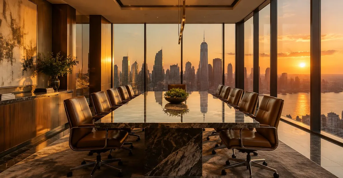 An empty boardroom at golden hour with warm light across a marble table