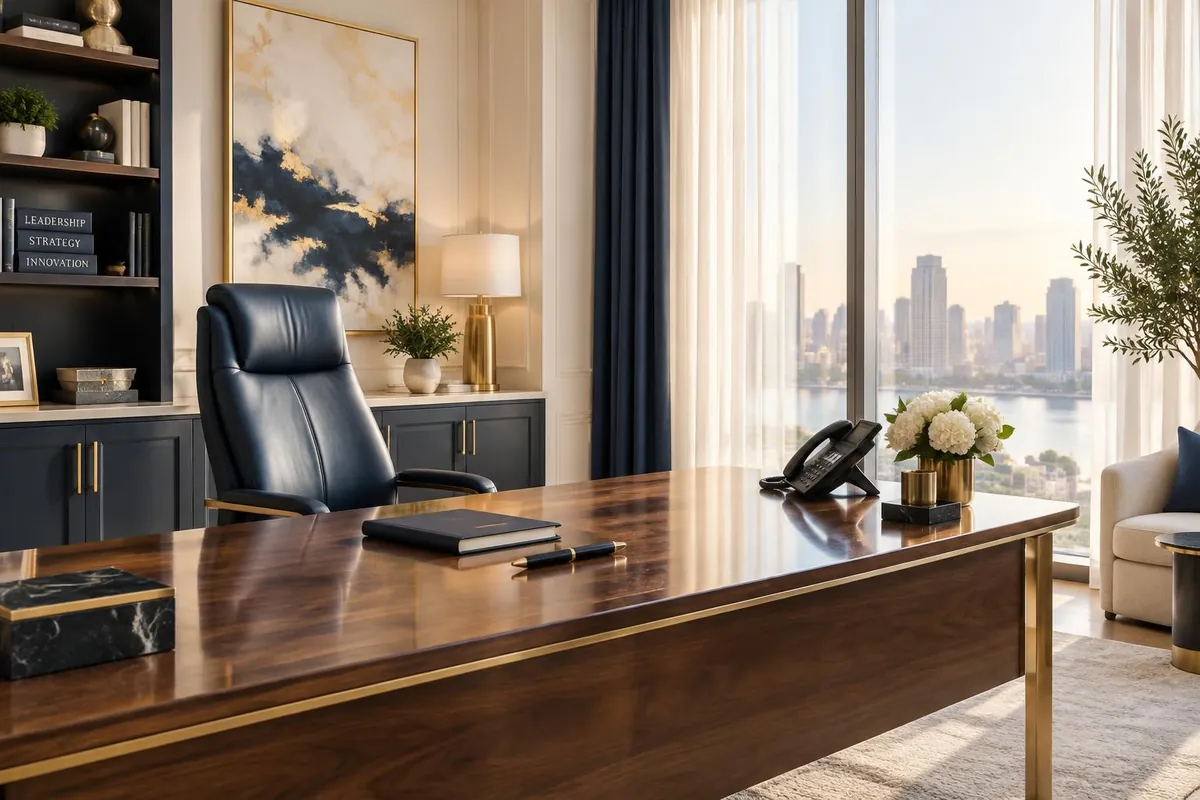 A bright private office in morning light with a polished desk, notebook, and telephone by a tall window