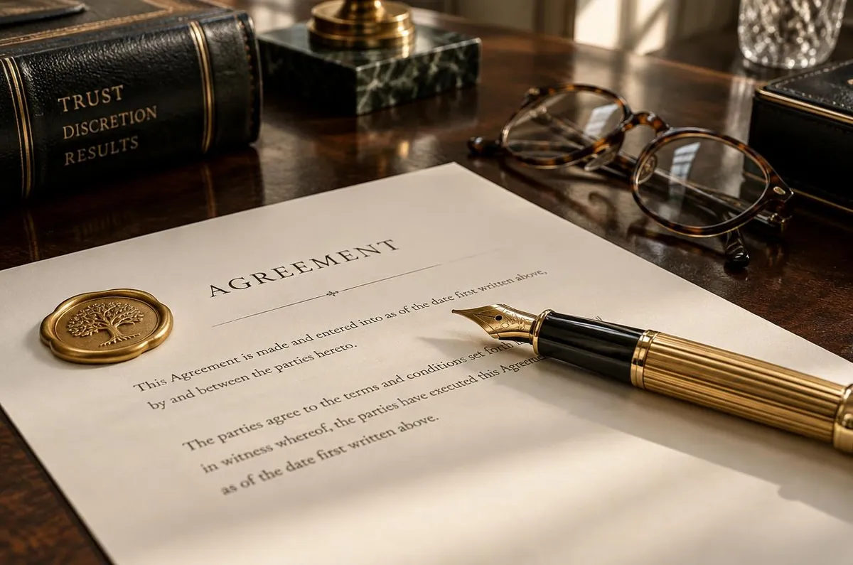 A gold fountain pen resting on a one page agreement beside a gold wax seal