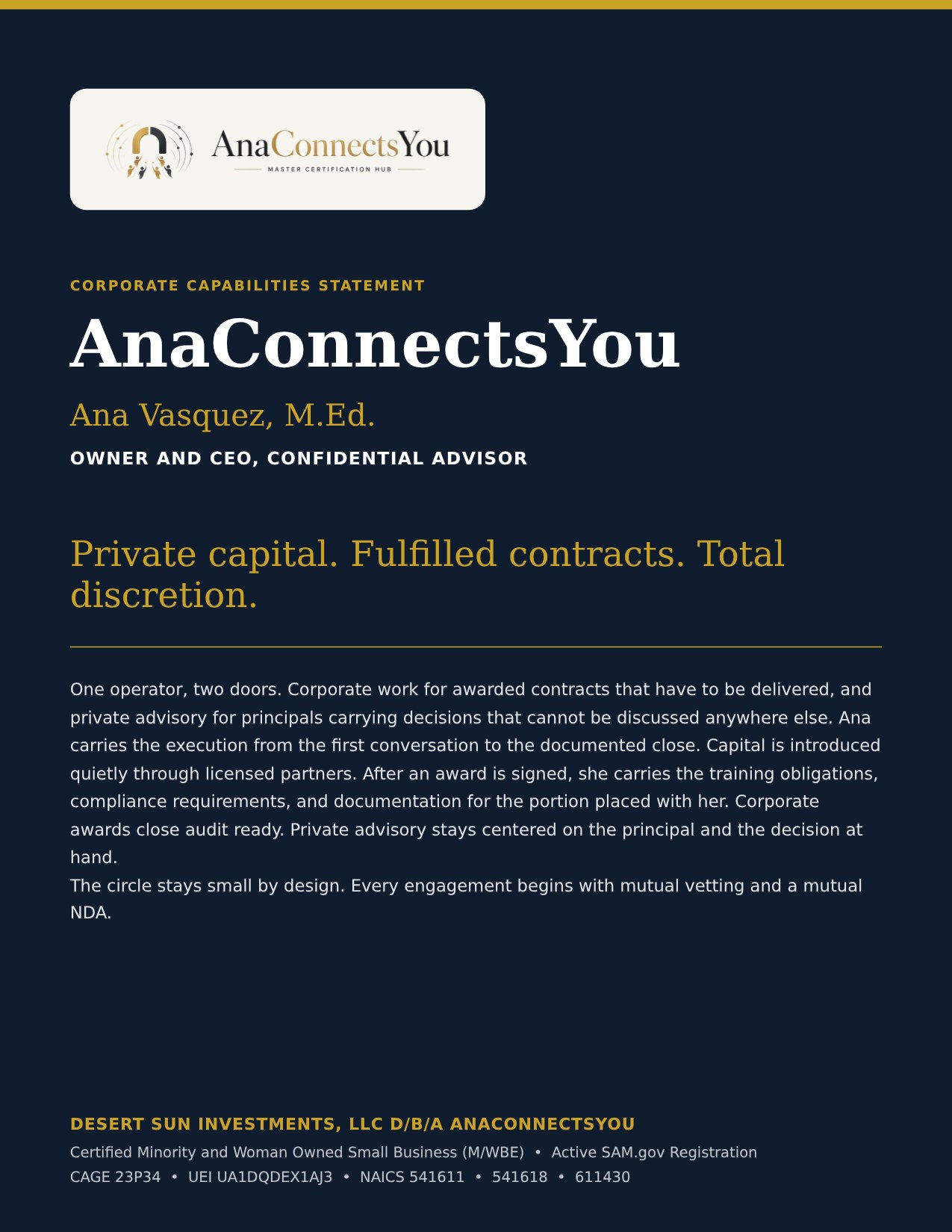 Cover page of the AnaConnectsYou corporate capability statement PDF